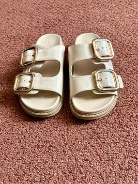 Woman’s Cream Double-Buckle Slide Sandals with Gold Accents